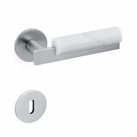Maniglia Bau Olivari per porta, rosetta e bocchetta bassa tonda 51x5 mm, foro Patent, Ottone finitura Cromato Satinato e Marmo Bianco