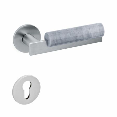 Maniglia Bau Olivari per porta, rosetta e bocchetta bassa tonda 51x5 mm, foro Yale, Ottone finitura Cromato Satinato e Marmo Grigio