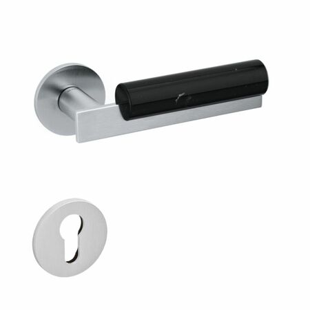 Maniglia Bau Olivari per porta, rosetta e bocchetta bassa tonda 51x5 mm, foro Yale, Ottone finitura Cromato Satinato e Marmo Nero