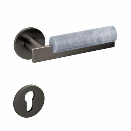 Maniglia Bau Olivari per porta, rosetta e bocchetta bassa tonda 51x5 mm, foro Yale, Ottone finitura SuperAntracite Satinato e Marmo Grigio