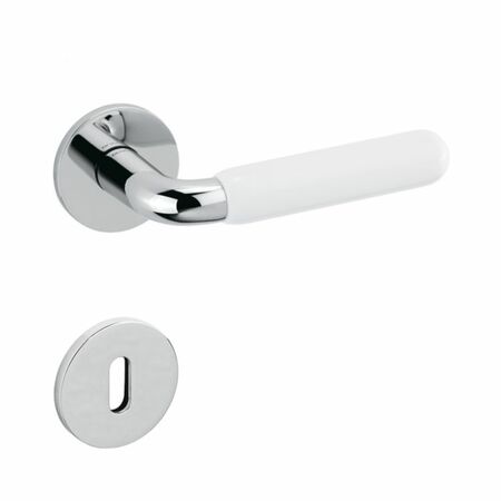 Maniglia Alba Olivari per porta, rosetta e bocchetta bassa tonda 51x5 mm, foro Patent, Ottone finitura Cromo Lucido e Porcellana Bianca