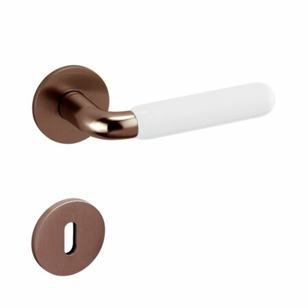 Maniglia Alba Olivari per porta, rosetta e bocchetta bassa tonda 51x5 mm, foro Patent, Ottone finitura SuperBronzo Satinato e Porcellana Bianca