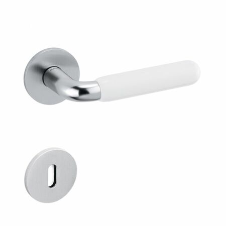Maniglia Alba Olivari per porta, rosetta e bocchetta bassa tonda 51x5 mm, foro Patent, Ottone finitura Cromo Satinato e Porcellana Bianca