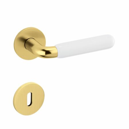 Maniglia Alba Olivari per porta, rosetta e bocchetta bassa tonda 51x5 mm, foro Patent, Ottone finitura SuperOro Satinato e Porcellana Bianca