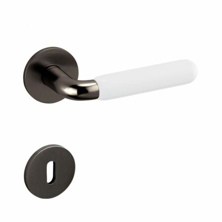 Maniglia Alba Olivari per porta, rosetta e bocchetta bassa tonda 51x5 mm, foro Patent, Ottone finitura SuperAntracite Satinato e Porcellana Bianca