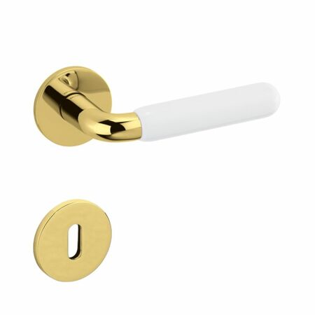 Maniglia Alba Olivari per porta, rosetta e bocchetta bassa tonda 51x5 mm, foro Patent, Ottone finitura SuperOro Lucido e Porcellana Bianca