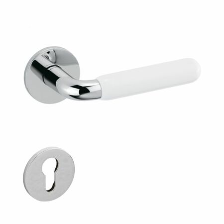 Maniglia Alba Olivari per porta, rosetta e bocchetta bassa tonda 51x5 mm, foro Yale, Ottone finitura Cromo Lucido e Porcellana Bianca