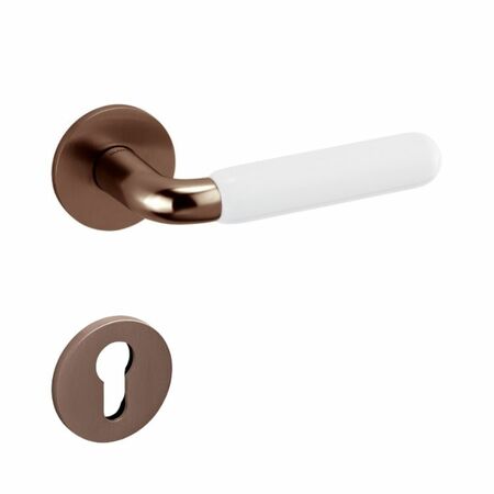 Maniglia Alba Olivari per porta, rosetta e bocchetta bassa tonda 51x5 mm, foro Yale, Ottone finitura SuperBronzo Satinato e Porcellana Bianca