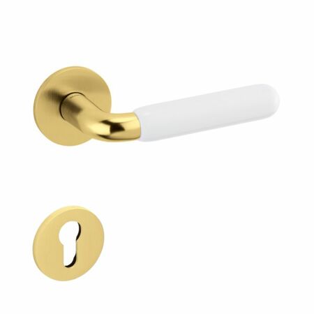 Maniglia Alba Olivari per porta, rosetta e bocchetta bassa tonda 51x5 mm, foro Yale, Ottone finitura SuperOro Satinato e Porcellana Bianca
