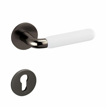 Maniglia Alba Olivari per porta, rosetta e bocchetta bassa tonda 51x5 mm, foro Yale, Ottone finitura SuperAntracite Satinato e Porcellana Bianca