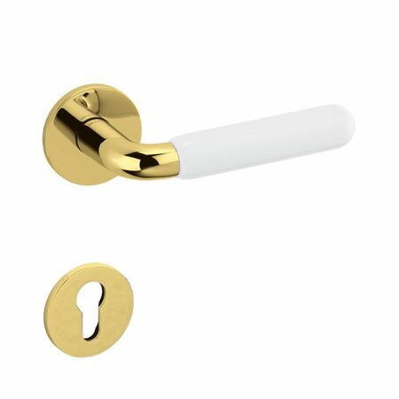 Maniglia Alba Olivari per porta, rosetta e bocchetta bassa tonda 51x5 mm, foro Yale, Ottone finitura SuperOro Lucido e Porcellana Bianca