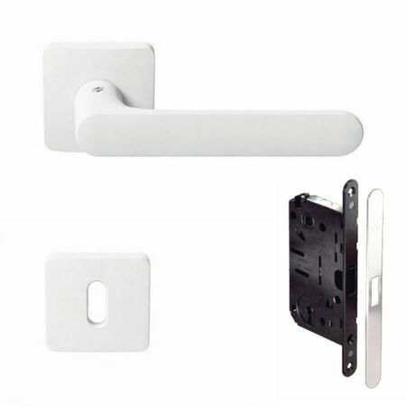 Kombo-kit maniglia One Q Mood Colombo Design CC21R per porta, rosetta e bocchetta quadra foro Patent, con serratura magnetica SpinOff Koblenz, finitura Bianco