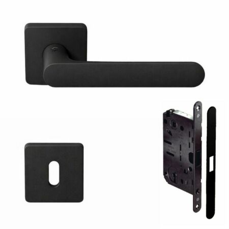Kombo-kit maniglia One Q Mood Colombo Design CC21R per porta, rosetta e bocchetta quadra foro Patent, con serratura magnetica SpinOff Koblenz, finitura Nero