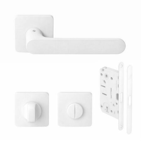 Kombo-kit maniglia One Q Mood Colombo Design CC21BZG per porta, rosetta quadra con nottolino Wc, serratura magnetica SpinOff Koblenz, finitura Bianco