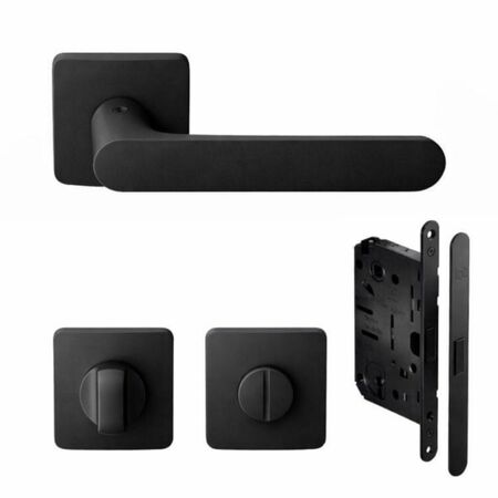 Kombo-kit maniglia One Q Mood Colombo Design CC21BZG per porta, rosetta quadra con nottolino Wc, serratura magnetica SpinOff Koblenz, finitura Nero