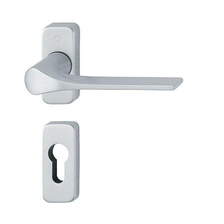 Maniglia Firenze Hoppe per porta a profilo spessore 42-54 mm, rosetta e bocchetta rettangolare foro Yale, quadro 8 mm, Ottone finitura Cromo Satinato Resista F41-R