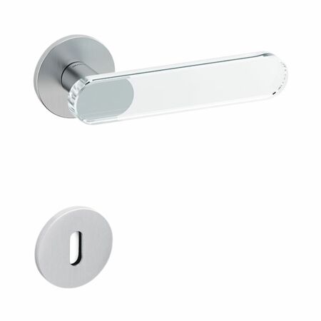 Maniglia Aqua Olivari per porta, rosetta e bocchetta bassa tonda 51x5 mm, foro Patent, Ottone finitura Cromo Satinato e Vetro Trasparente
