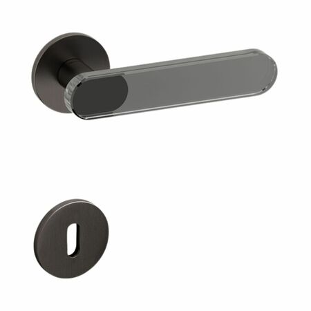 Maniglia Aqua Olivari per porta, rosetta e bocchetta bassa tonda 51x5 mm, foro Patent, Ottone finitura SuperAntracite Satinato e Vetro Fumè
