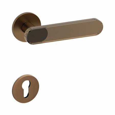 Maniglia Aqua Olivari per porta, rosetta e bocchetta bassa tonda 51x5 mm, foro Yale, Ottone finitura SuperBronzo Satinato e Vetro Bronzato