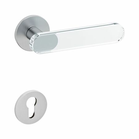 Maniglia Aqua Olivari per porta, rosetta e bocchetta bassa tonda 51x5 mm, foro Yale, Ottone finitura Cromo Satinato e Vetro Trasparente
