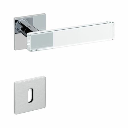 Maniglia Mare Olivari per porta, rosetta e bocchetta bassa quadra 51x51x5 mm, foro Patent, Ottone finitura Cromo Lucido e Vetro Trasparente
