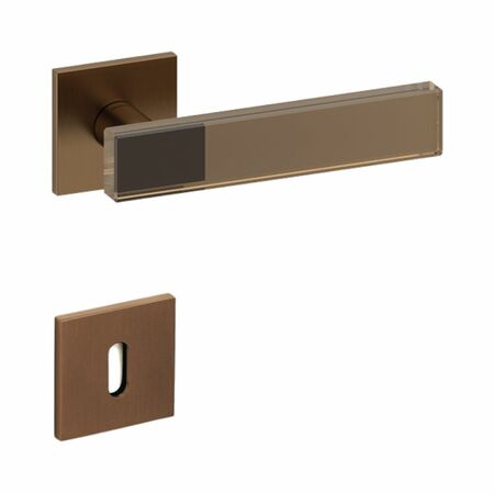 Maniglia Mare Olivari per porta, rosetta e bocchetta bassa quadra 51x51x5 mm, foro Patent, Ottone finitura SuperBronzo Satinato e Vetro Bronzato