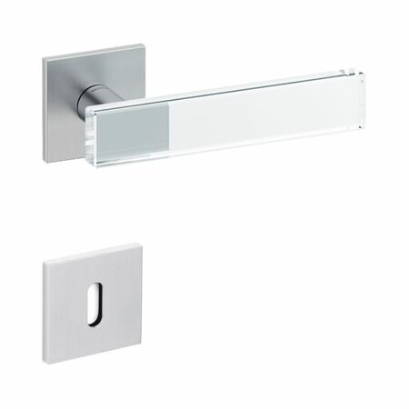 Maniglia Mare Olivari per porta, rosetta e bocchetta bassa quadra 51x51x5 mm, foro Patent, Ottone finitura Cromo Satinato e Vetro Trasparente