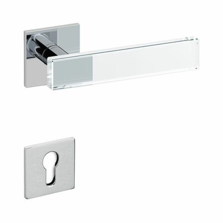 Maniglia Mare Olivari per porta, rosetta e bocchetta bassa quadra 51x51x5 mm, foro Yale, Ottone finitura Cromo Lucido e Vetro Trasparente