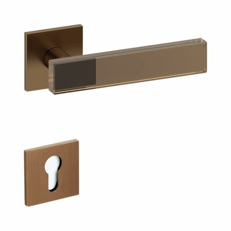 Maniglia Mare Olivari per porta, rosetta e bocchetta bassa quadra 51x51x5 mm, foro Yale, Ottone finitura SuperBronzo Satinato e Vetro Bronzato