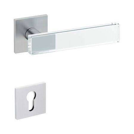 Maniglia Mare Olivari per porta, rosetta e bocchetta bassa quadra 51x51x5 mm, foro Yale, Ottone finitura Cromo Satinato e Vetro Trasparente