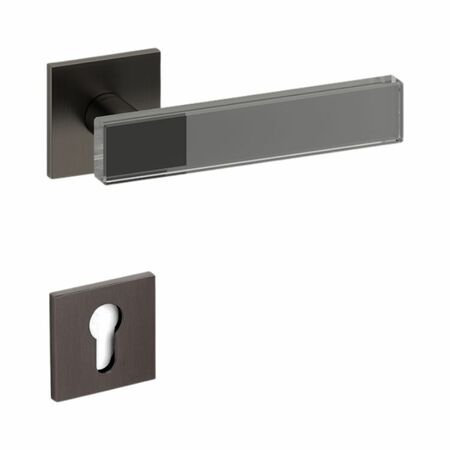 Maniglia Mare Olivari per porta, rosetta e bocchetta bassa quadra 51x51x5 mm, foro Yale, Ottone finitura SuperAntracite Satinato e Vetro Fumè