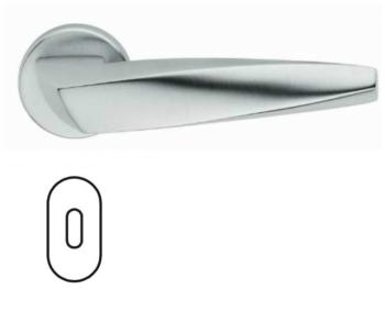 Maniglia per porta Fusital serie Arrowhead H 5021, con rosetta e bocchetta ovale foro normale, colore Cromo Satinato