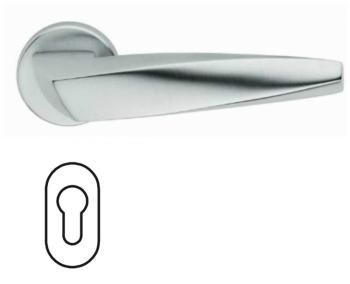 Maniglia per porta Fusital serie Arrowhead H 5021, con rosetta e bocchetta ovale foro yale, colore Cromo Satinato