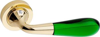 Maniglia per porta Kleis serie Gemma, con rosetta e bocchetta, foro Yale, finitura Ottone Lucido + Vetro Verde Trasparente