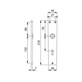 Placca lunga 201PI Hoppe per porta interna, foro Patent, interasse 70 mm, dimensione 216x40x7 mm, Alluminio finitura Argento F1