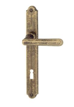 Maniglia per porte interne con placca lunga in Ottone, foro Normale, distanza foro 85 mm, Hoppe Basel, rifinitura in Ottone Bronzato Antiqua