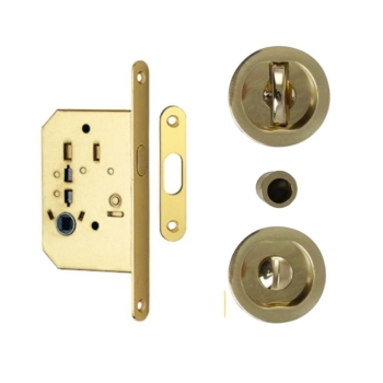 Kit serratura tondo K1200 Valli & Valli per porta scorrevole, chiavistello e bottone con serratura 50 mm, finitura Ottone Lucido Verniciato