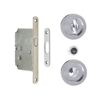 Kit serratura tondo K1200 Valli & Valli per porta scorrevole, chiavistello e bottone con serratura 50 mm, finitura Cromato Satinato