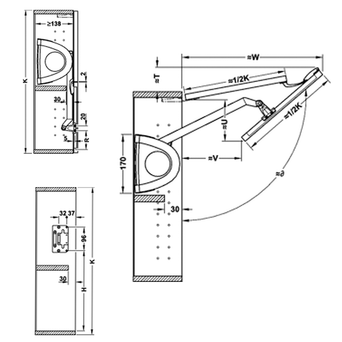 Braccetti a ribalta serie Senso Fold Hafele per ante Altezza 720 mm Peso da 3,5 a 5,5 kg