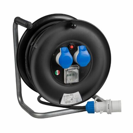 Avvolgicavo Onda 14622 Fanton per impianti elettrici, cavo da 3x2,5, lunghezza 30 mt, 2 prese CEE con disgiuntore IP44, 1 presa bipasso italo-tedesca 2P+T 16A, spina CEE 2P+T 16A IP67, Acciaio verniciato Nero
