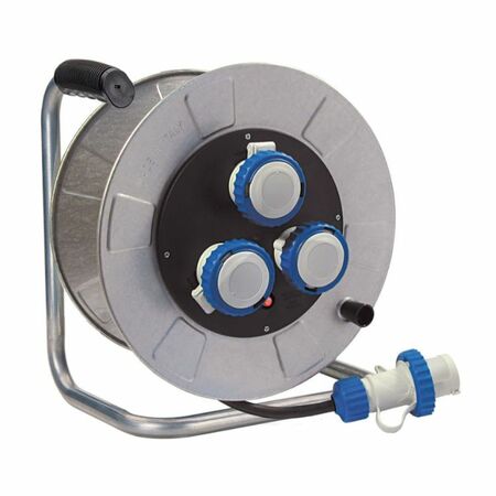 Avvolgicavo Golia Metal 14350 Fanton per impianti elettrici, cavo da 3x2,5, lunghezza 30 mt, 3 prese CEE con disgiuntore, IP55, spina CEE 2P+T 16A, Acciaio finitura Zincato