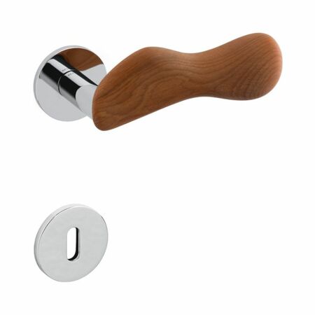 Maniglia Chelsea Olivari per porta, rosetta e bocchetta bassa tonda 51x5 mm, foro Patent, Ottone finitura Cromato Lucido e Legno Kauri