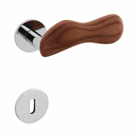 Maniglia Chelsea Olivari per porta, rosetta e bocchetta bassa tonda 51x5 mm, foro Patent, Ottone finitura Cromato Lucido e Legno Noce Canaletto