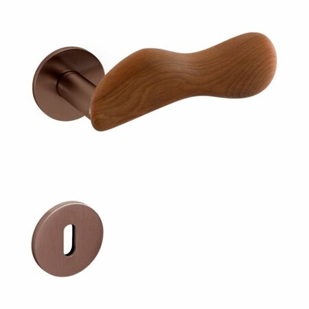 Maniglia Chelsea Olivari per porta, rosetta e bocchetta bassa tonda 51x5 mm, foro Patent, Ottone finitura SuperBronzo Satinato e Legno Kauri