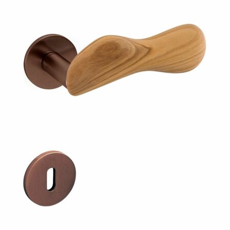Maniglia Chelsea Olivari per porta, rosetta e bocchetta bassa tonda 51x5 mm, foro Patent, Ottone finitura SuperBronzo Satinato e Legno di Ulivo