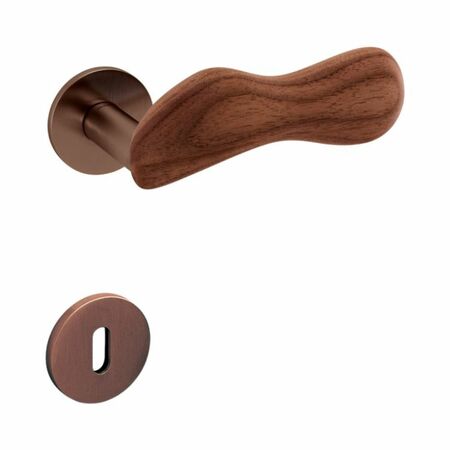 Maniglia Chelsea Olivari per porta, rosetta e bocchetta bassa tonda 51x5 mm, foro Patent, Ottone finitura SuperBronzo Satinato e Legno Noce Canaletto