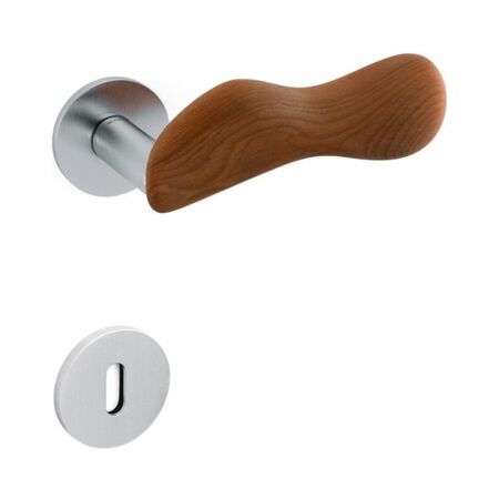 Maniglia Chelsea Olivari per porta, rosetta e bocchetta bassa tonda 51x5 mm, foro Patent, Ottone finitura Cromato Satinato e Legno Kauri