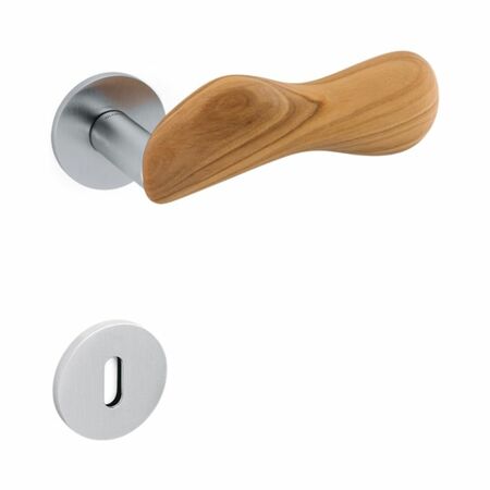 Maniglia Chelsea Olivari per porta, rosetta e bocchetta bassa tonda 51x5 mm, foro Patent, Ottone finitura Cromato Satinato e Legno di Ulivo