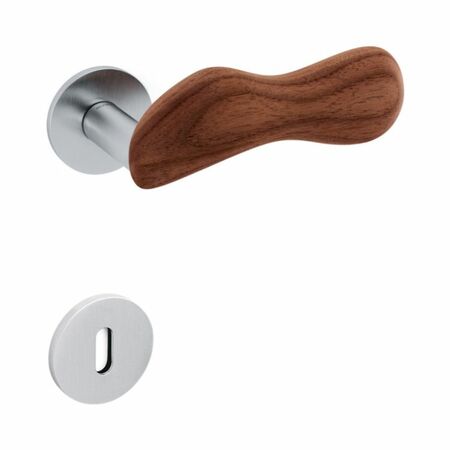 Maniglia Chelsea Olivari per porta, rosetta e bocchetta bassa tonda 51x5 mm, foro Patent, Ottone finitura Cromato Satinato e Legno Noce Canaletto