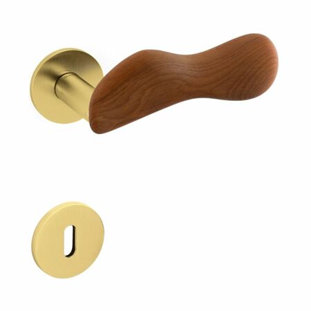 Maniglia Chelsea Olivari per porta, rosetta e bocchetta bassa tonda 51x5 mm, foro Patent, Ottone finitura SuperOro Satinato e Legno Kauri